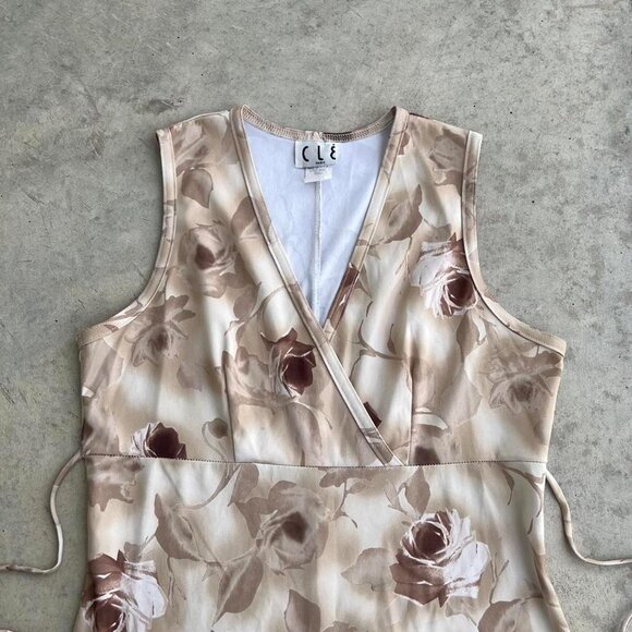 Vintage 90s Mini Dress Floral Brown Tan Made in USA Large - Picture 2 of 7